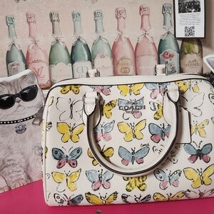 Coach Women's Satchel with Butterfly Print - Cream and Yellow
